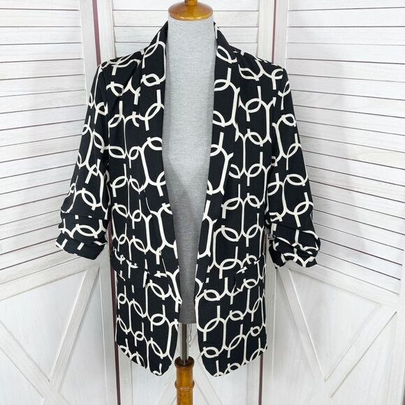 Milk & Honey Printed Ruched Sleeve Blazer Jacket Black White Small Chain Link - Picture 1 of 15